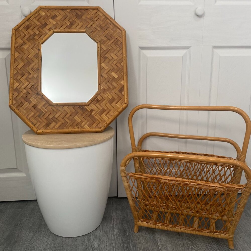 Boho Vintage Rattan Mirror and Magazine Holder